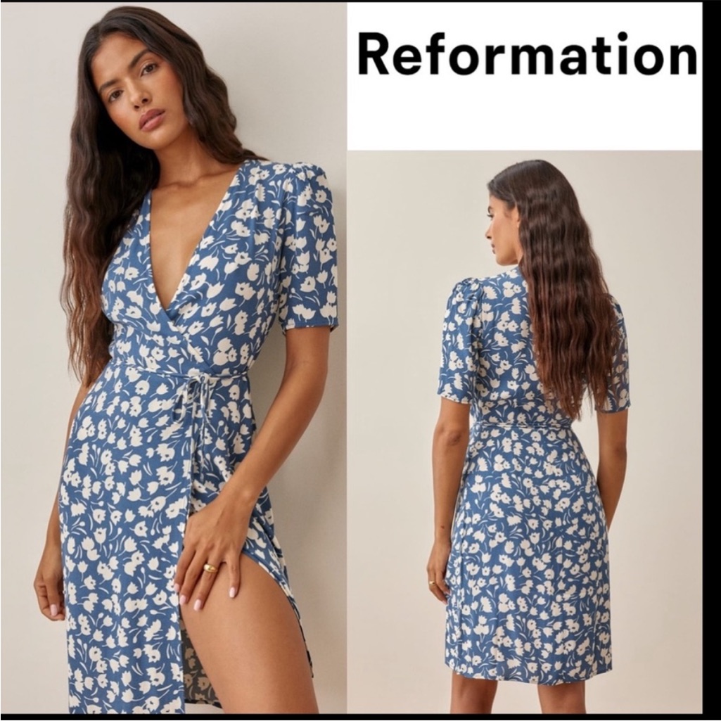 Reformation Blue And White Floral Wrap Dress